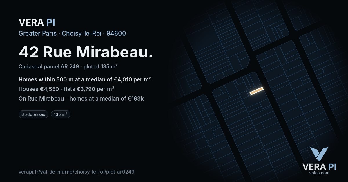 42 Rue Mirabeau, Choisy-le-Roi at night – the plot lit, the parcels around coloured by the prices near them