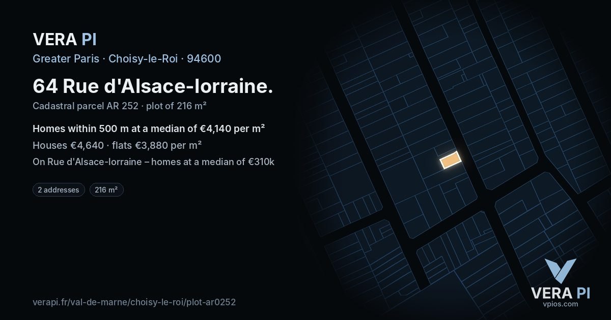 64 Rue d'Alsace-lorraine, Choisy-le-Roi at night – the plot lit, the parcels around coloured by the prices near them