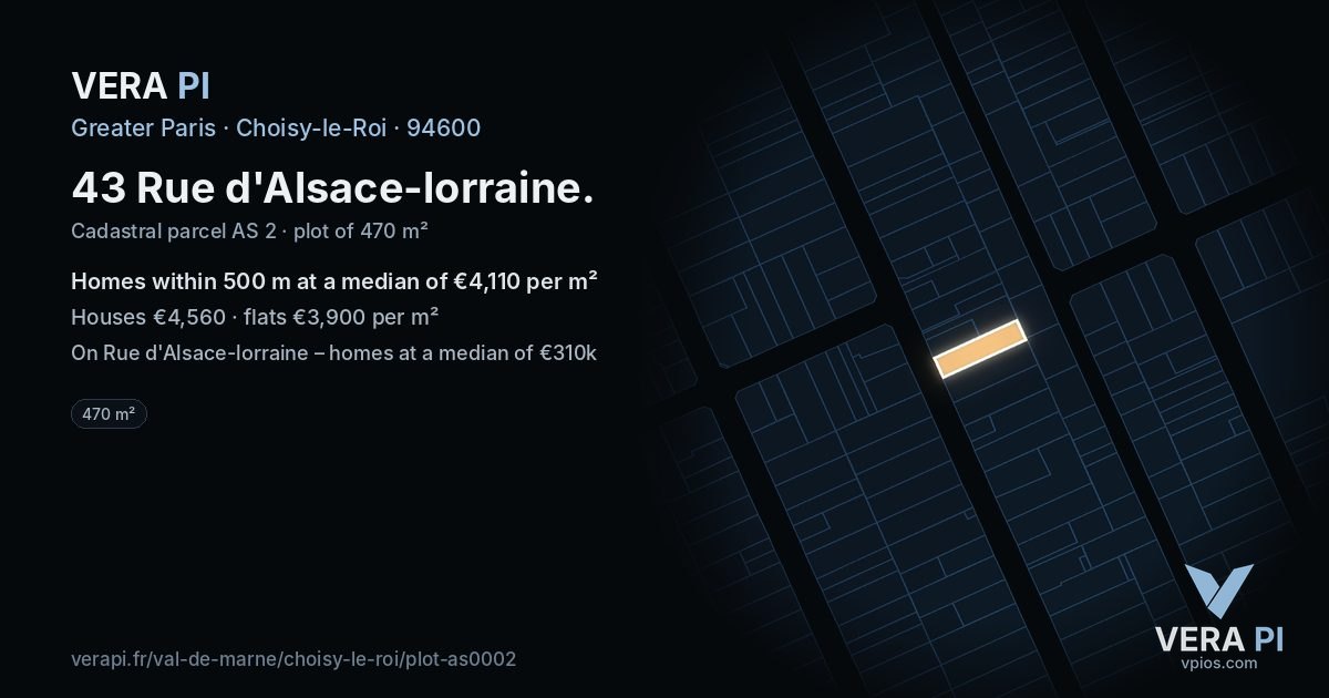 43 Rue d'Alsace-lorraine, Choisy-le-Roi at night – the plot lit, the parcels around coloured by the prices near them