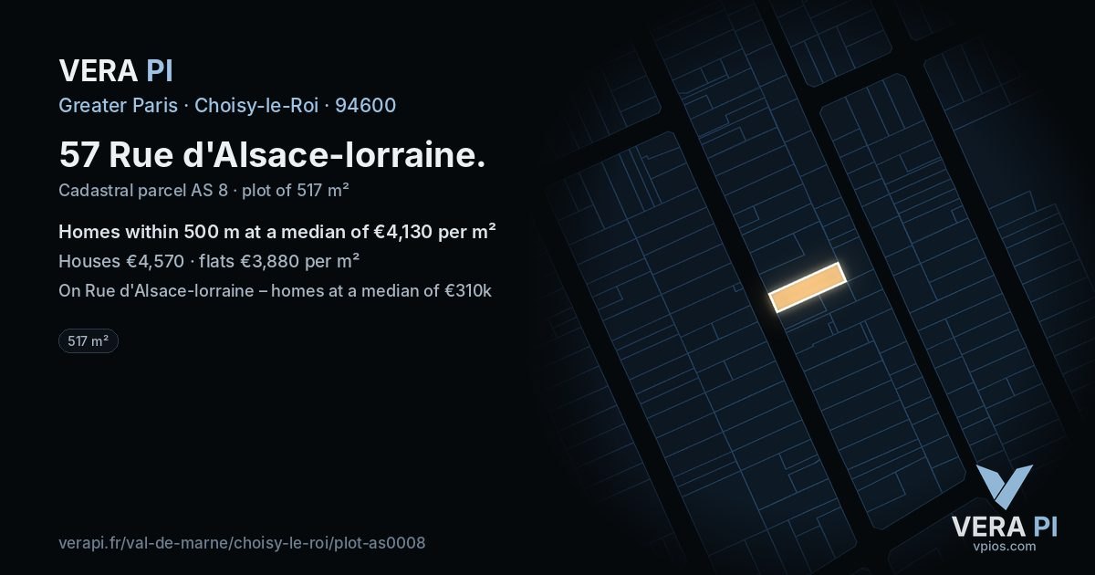 57 Rue d'Alsace-lorraine, Choisy-le-Roi at night – the plot lit, the parcels around coloured by the prices near them