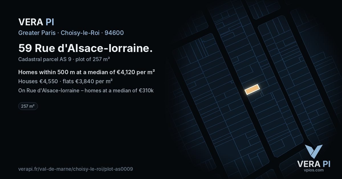 59 Rue d'Alsace-lorraine, Choisy-le-Roi at night – the plot lit, the parcels around coloured by the prices near them