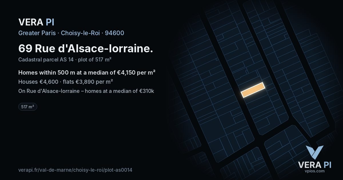 69 Rue d'Alsace-lorraine, Choisy-le-Roi at night – the plot lit, the parcels around coloured by the prices near them