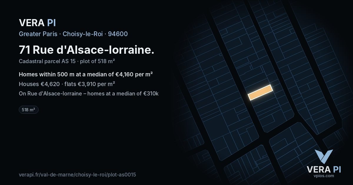 71 Rue d'Alsace-lorraine, Choisy-le-Roi at night – the plot lit, the parcels around coloured by the prices near them