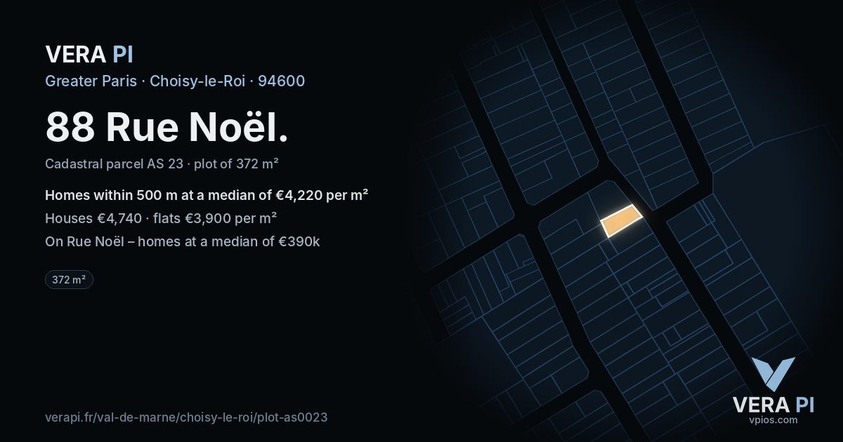 88 Rue Noël, Choisy-le-Roi at night – the plot lit, the parcels around coloured by the prices near them
