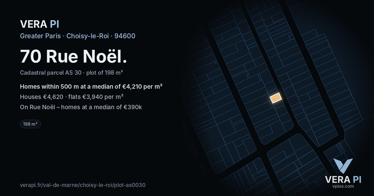 70 Rue Noël, Choisy-le-Roi at night – the plot lit, the parcels around coloured by the prices near them