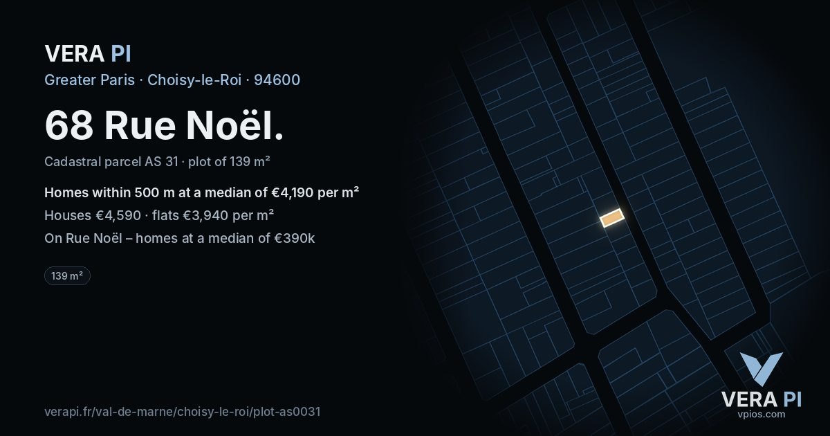 68 Rue Noël, Choisy-le-Roi at night – the plot lit, the parcels around coloured by the prices near them
