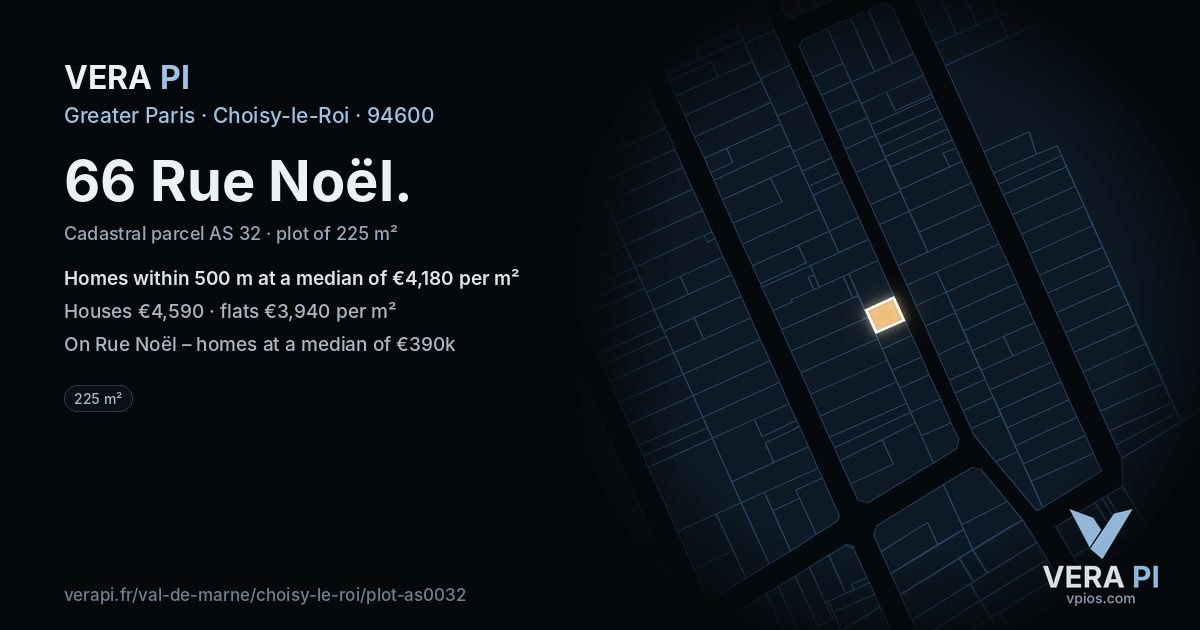 66 Rue Noël, Choisy-le-Roi at night – the plot lit, the parcels around coloured by the prices near them