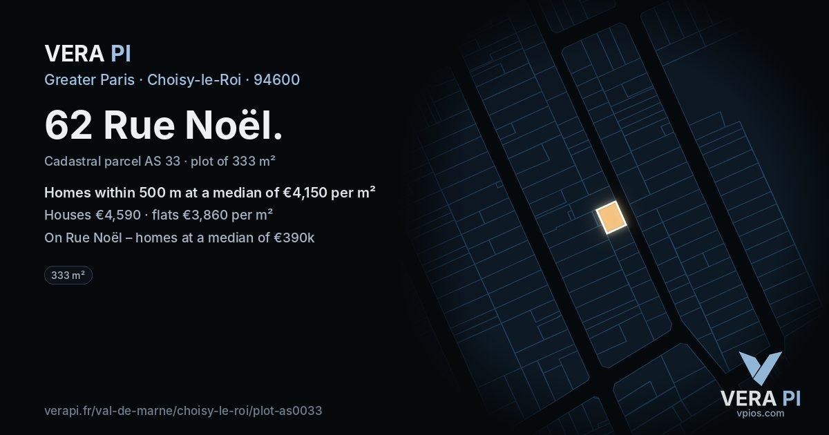 62 Rue Noël, Choisy-le-Roi at night – the plot lit, the parcels around coloured by the prices near them