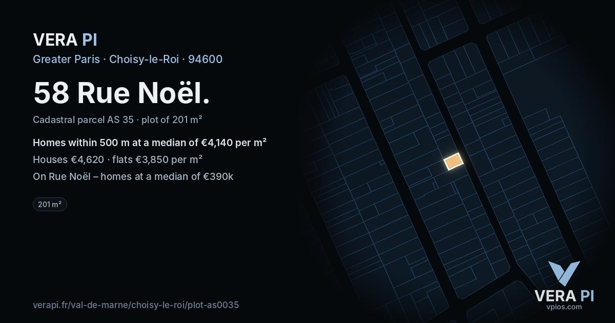 58 Rue Noël, Choisy-le-Roi at night – the plot lit, the parcels around coloured by the prices near them