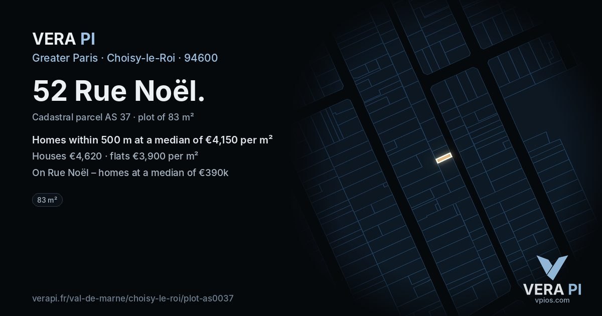 52 Rue Noël, Choisy-le-Roi at night – the plot lit, the parcels around coloured by the prices near them