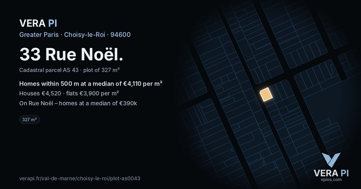 33 Rue Noël, Choisy-le-Roi at night – the plot lit, the parcels around coloured by the prices near them