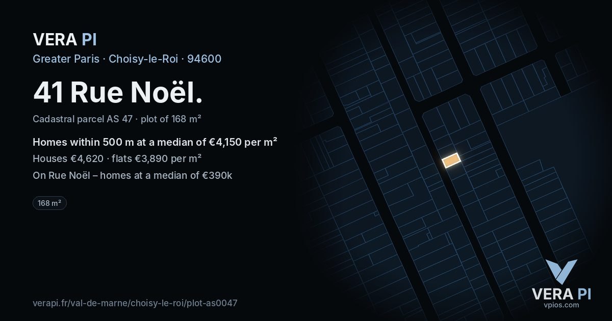 41 Rue Noël, Choisy-le-Roi at night – the plot lit, the parcels around coloured by the prices near them