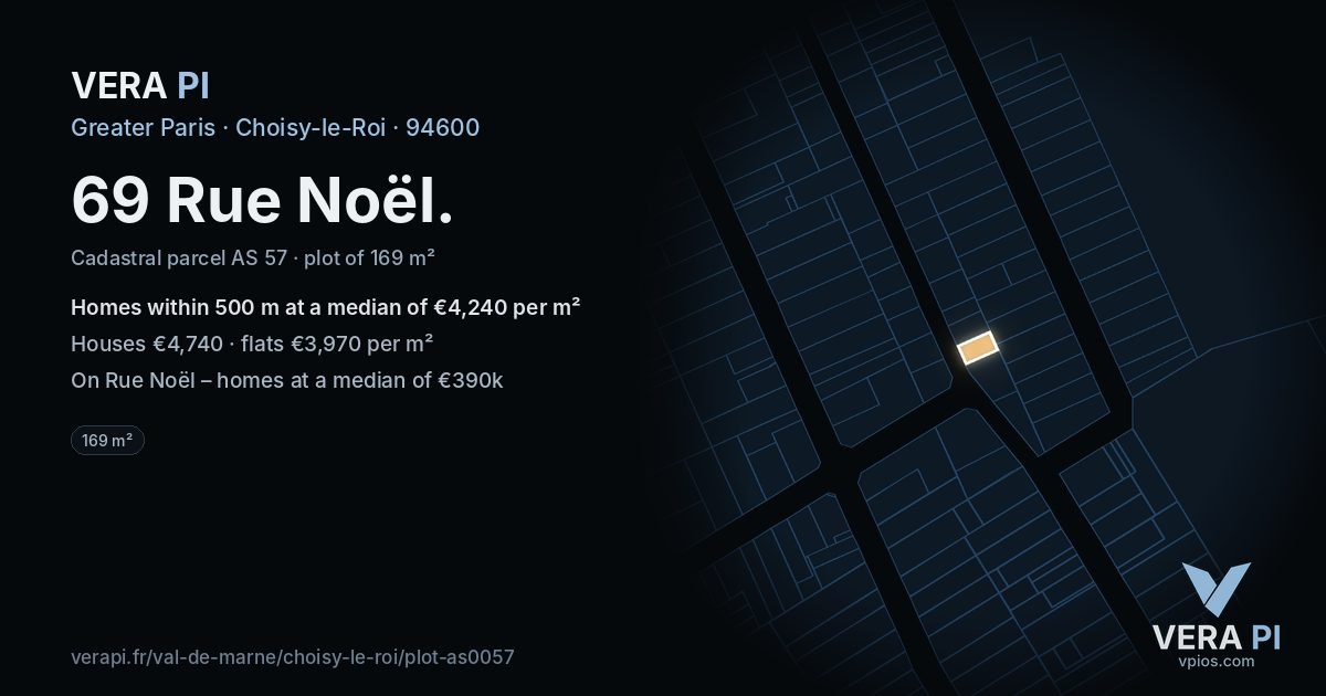 69 Rue Noël, Choisy-le-Roi at night – the plot lit, the parcels around coloured by the prices near them