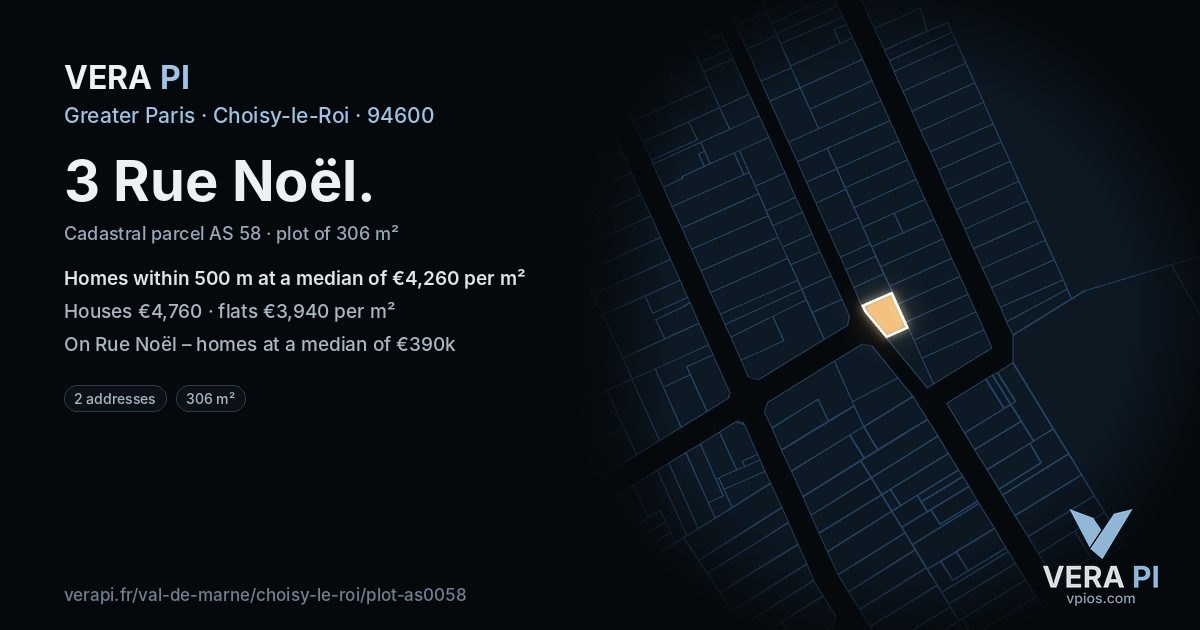 3 Rue Noël, Choisy-le-Roi at night – the plot lit, the parcels around coloured by the prices near them