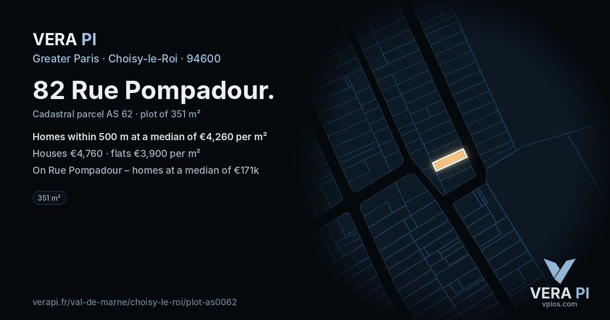 82 Rue Pompadour, Choisy-le-Roi at night – the plot lit, the parcels around coloured by the prices near them