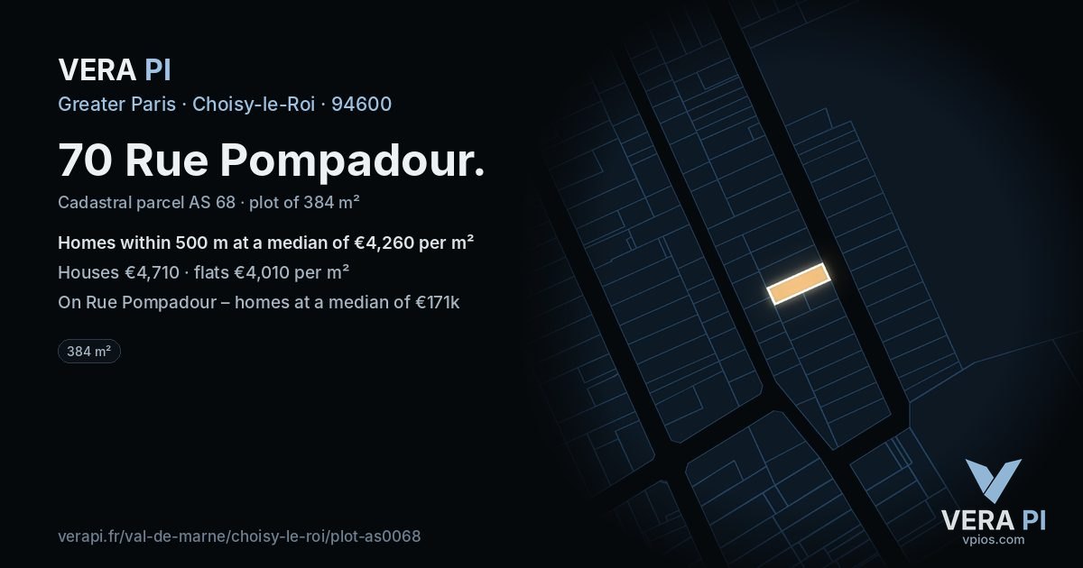 70 Rue Pompadour, Choisy-le-Roi at night – the plot lit, the parcels around coloured by the prices near them