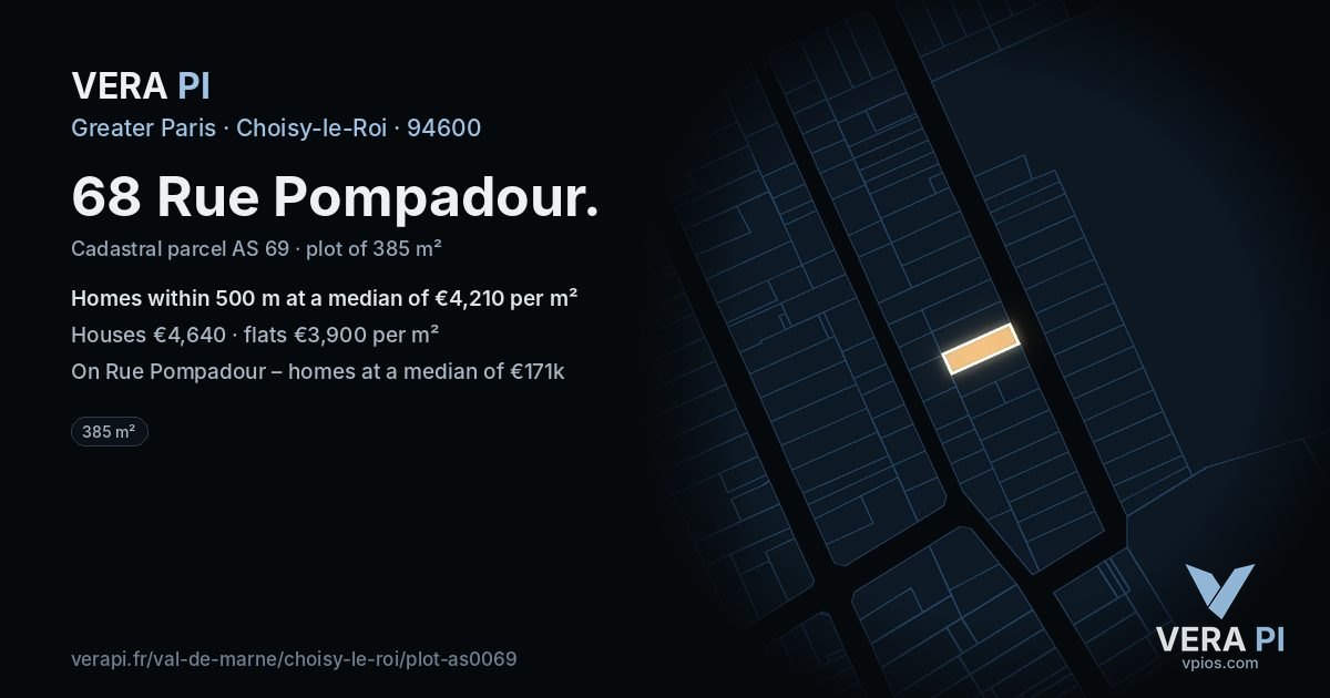 68 Rue Pompadour, Choisy-le-Roi at night – the plot lit, the parcels around coloured by the prices near them