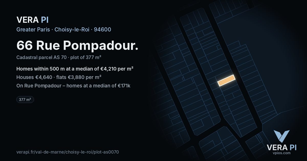 66 Rue Pompadour, Choisy-le-Roi at night – the plot lit, the parcels around coloured by the prices near them