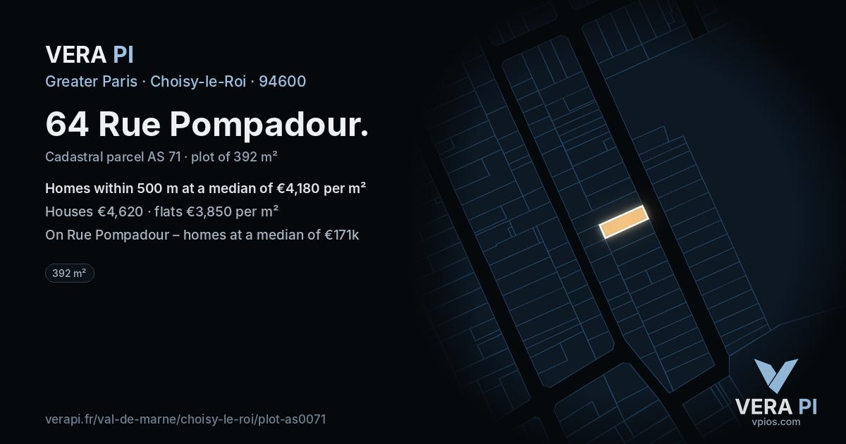 64 Rue Pompadour, Choisy-le-Roi at night – the plot lit, the parcels around coloured by the prices near them
