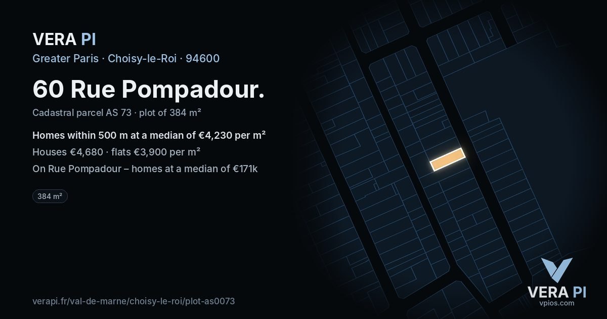 60 Rue Pompadour, Choisy-le-Roi at night – the plot lit, the parcels around coloured by the prices near them