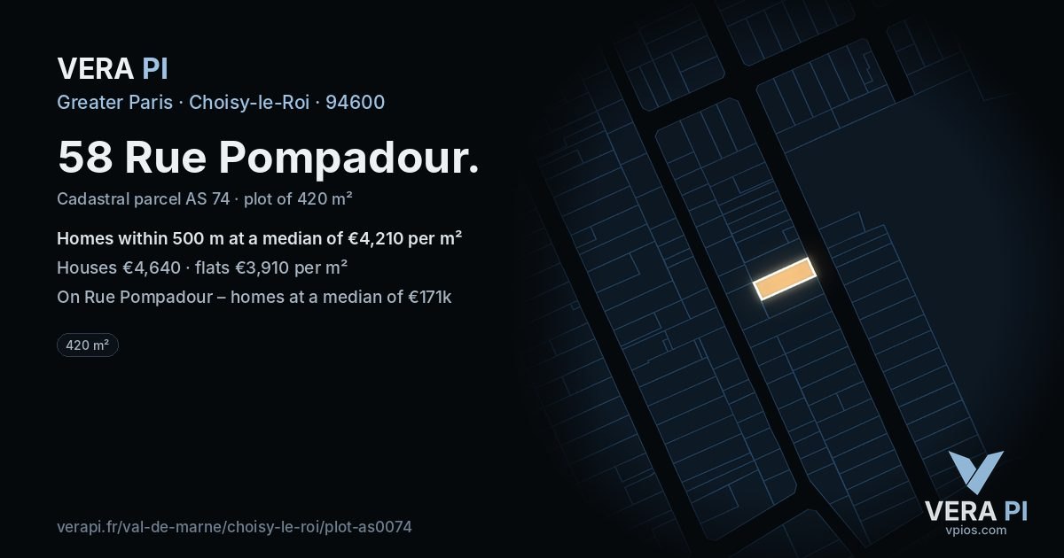 58 Rue Pompadour, Choisy-le-Roi at night – the plot lit, the parcels around coloured by the prices near them