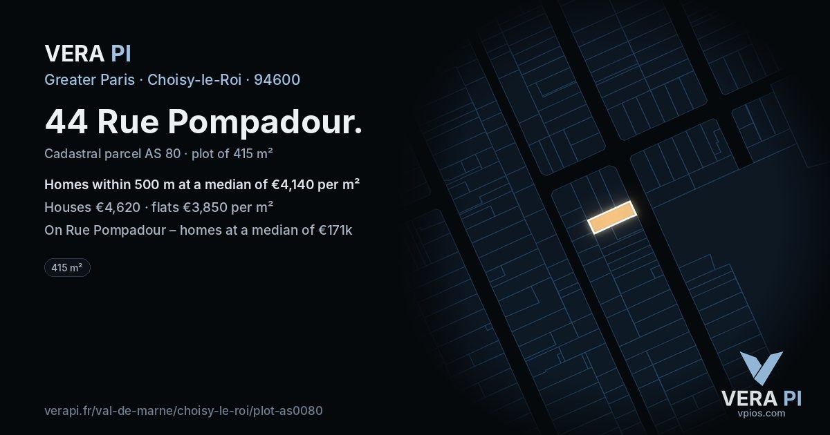 44 Rue Pompadour, Choisy-le-Roi at night – the plot lit, the parcels around coloured by the prices near them