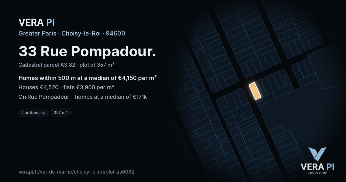 33 Rue Pompadour, Choisy-le-Roi at night – the plot lit, the parcels around coloured by the prices near them