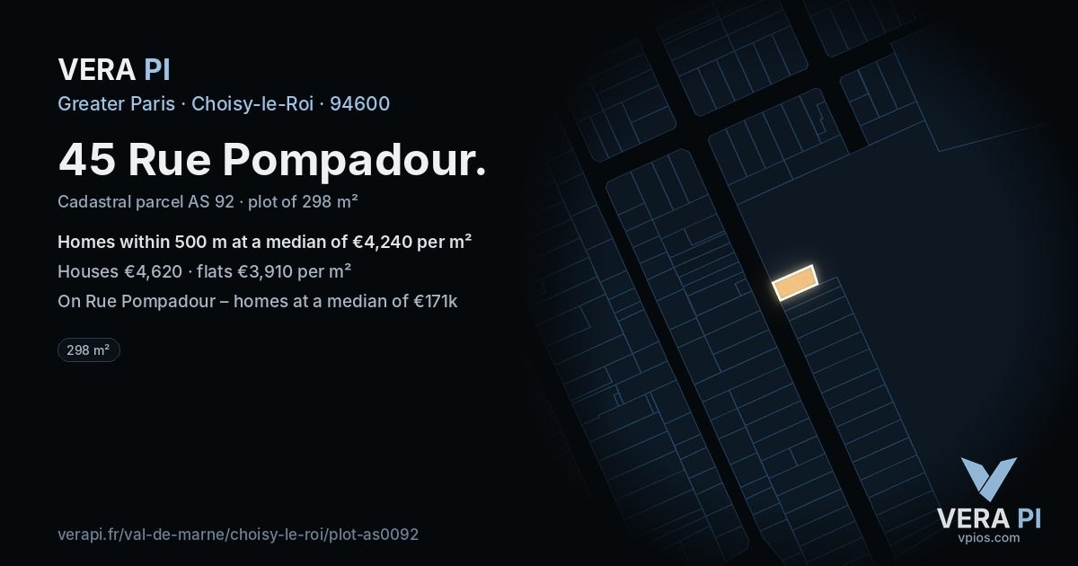45 Rue Pompadour, Choisy-le-Roi at night – the plot lit, the parcels around coloured by the prices near them