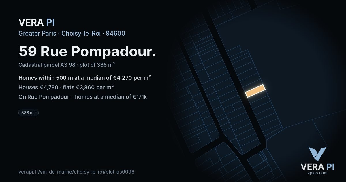 59 Rue Pompadour, Choisy-le-Roi at night – the plot lit, the parcels around coloured by the prices near them