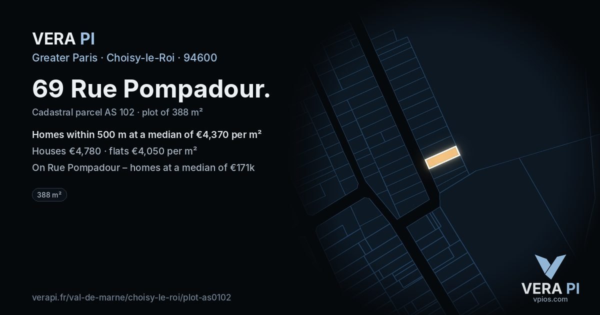 69 Rue Pompadour, Choisy-le-Roi at night – the plot lit, the parcels around coloured by the prices near them