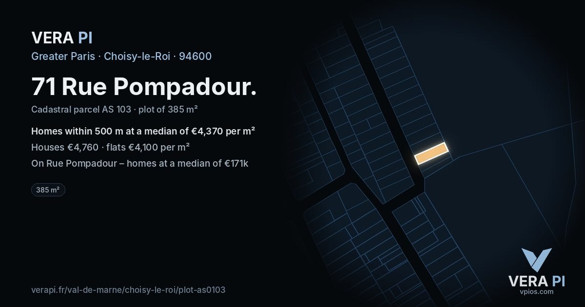 71 Rue Pompadour, Choisy-le-Roi at night – the plot lit, the parcels around coloured by the prices near them