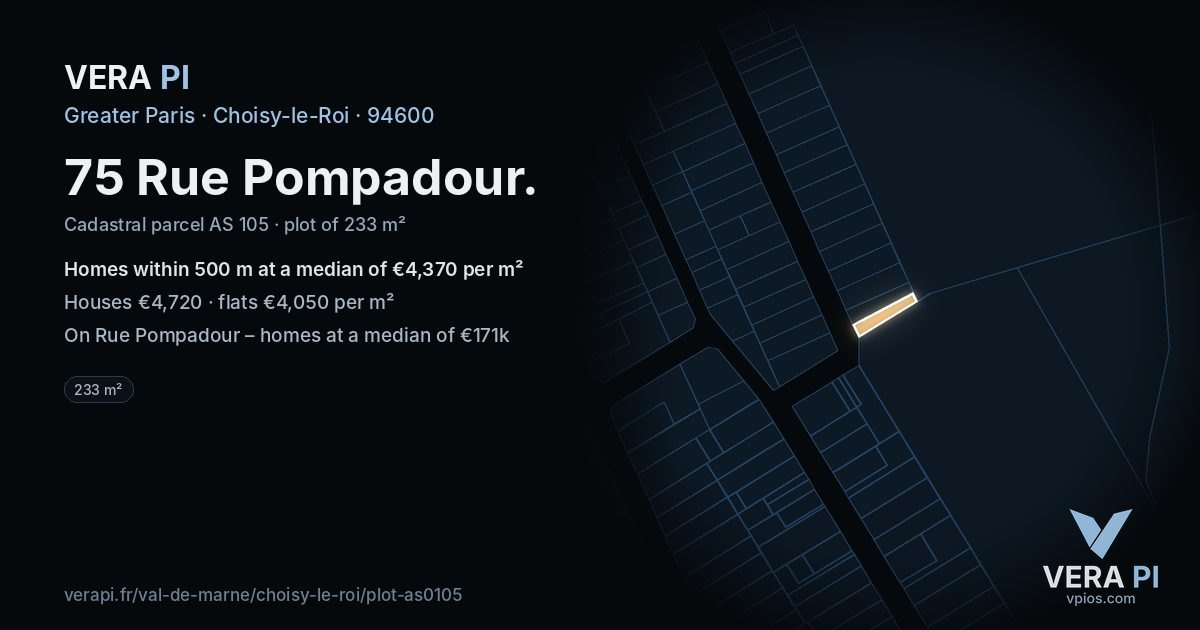 75 Rue Pompadour, Choisy-le-Roi at night – the plot lit, the parcels around coloured by the prices near them