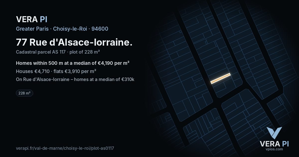 77 Rue d'Alsace-lorraine, Choisy-le-Roi at night – the plot lit, the parcels around coloured by the prices near them
