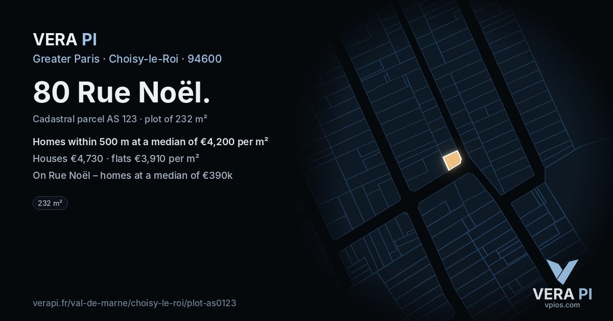 80 Rue Noël, Choisy-le-Roi at night – the plot lit, the parcels around coloured by the prices near them