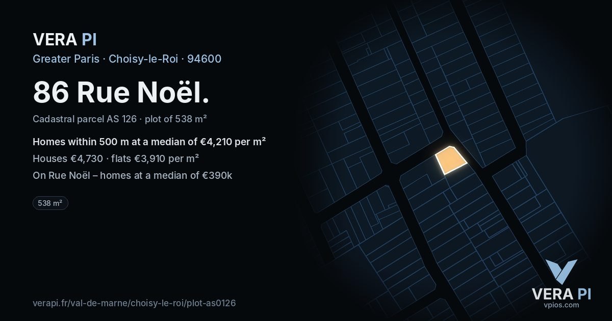 86 Rue Noël, Choisy-le-Roi at night – the plot lit, the parcels around coloured by the prices near them