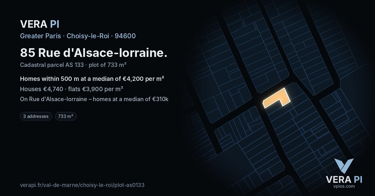 85 Rue d'Alsace-lorraine, Choisy-le-Roi at night – the plot lit, the parcels around coloured by the prices near them