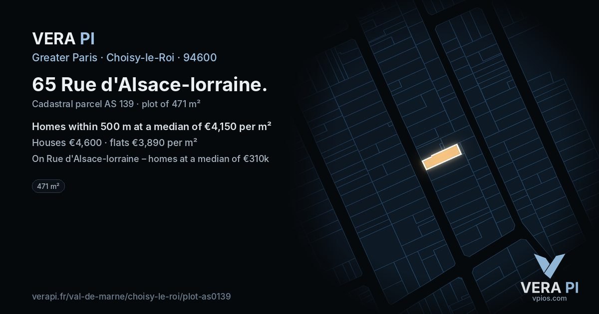 65 Rue d'Alsace-lorraine, Choisy-le-Roi at night – the plot lit, the parcels around coloured by the prices near them