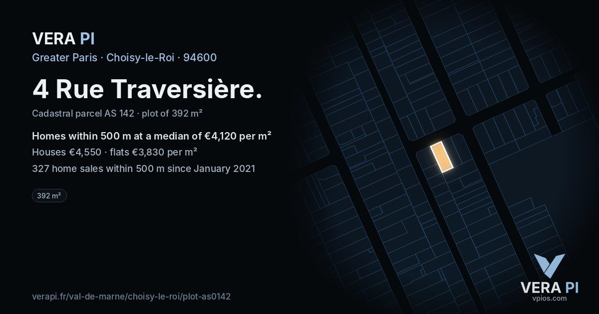 4 Rue Traversière, Choisy-le-Roi at night – the plot lit, the parcels around coloured by the prices near them