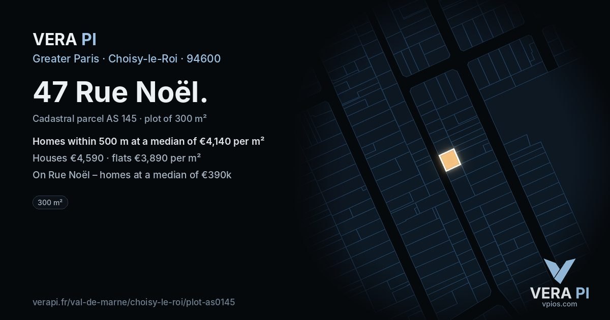 47 Rue Noël, Choisy-le-Roi at night – the plot lit, the parcels around coloured by the prices near them