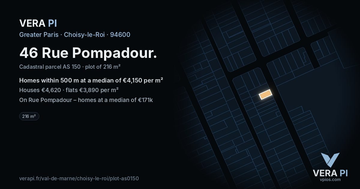 46 Rue Pompadour, Choisy-le-Roi at night – the plot lit, the parcels around coloured by the prices near them