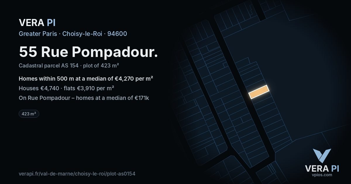55 Rue Pompadour, Choisy-le-Roi at night – the plot lit, the parcels around coloured by the prices near them