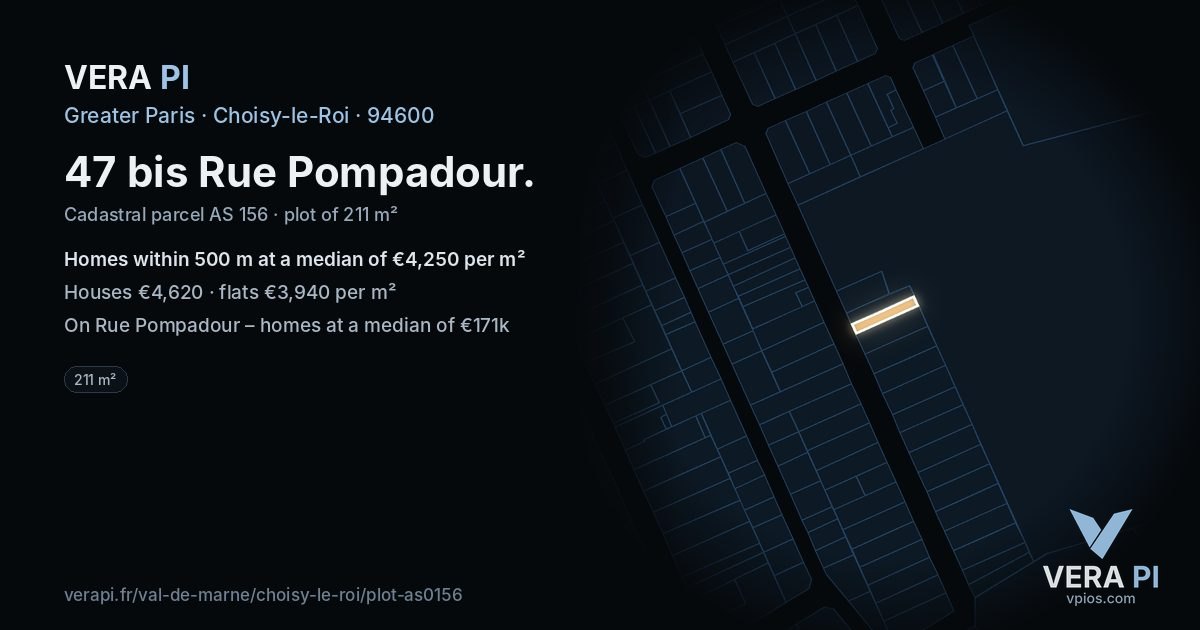 47 bis Rue Pompadour, Choisy-le-Roi at night – the plot lit, the parcels around coloured by the prices near them
