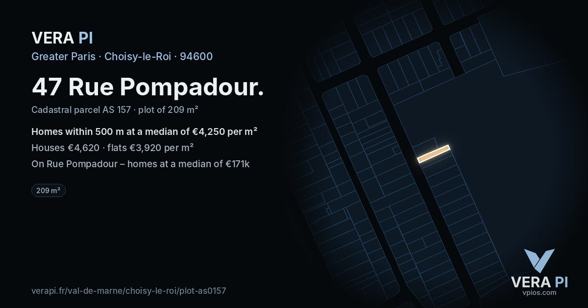 47 Rue Pompadour, Choisy-le-Roi at night – the plot lit, the parcels around coloured by the prices near them