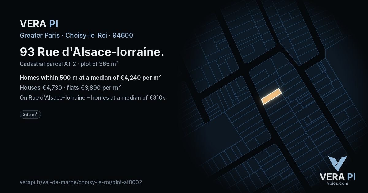 93 Rue d'Alsace-lorraine, Choisy-le-Roi at night – the plot lit, the parcels around coloured by the prices near them
