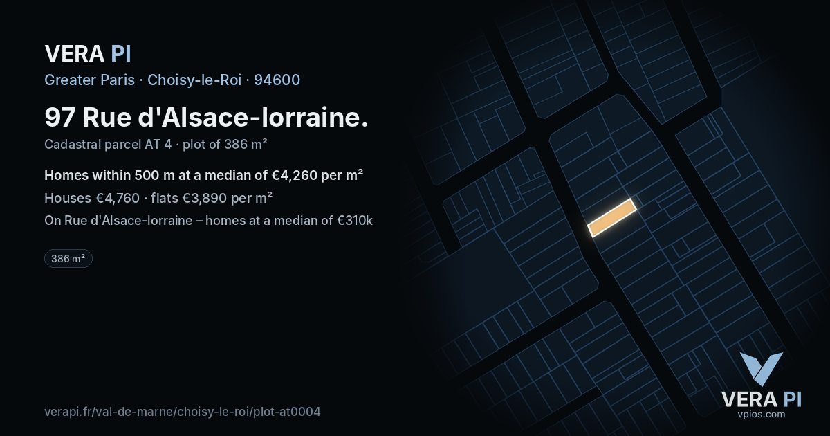 97 Rue d'Alsace-lorraine, Choisy-le-Roi at night – the plot lit, the parcels around coloured by the prices near them