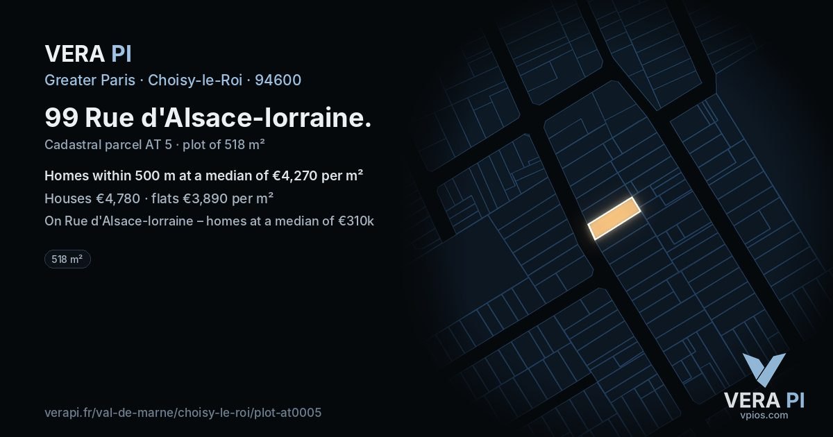 99 Rue d'Alsace-lorraine, Choisy-le-Roi at night – the plot lit, the parcels around coloured by the prices near them
