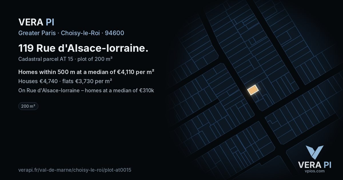 119 Rue d'Alsace-lorraine, Choisy-le-Roi at night – the plot lit, the parcels around coloured by the prices near them