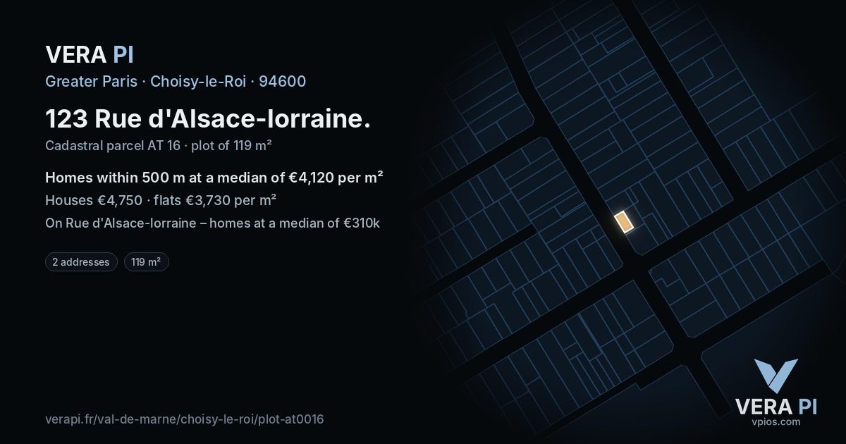 123 Rue d'Alsace-lorraine, Choisy-le-Roi at night – the plot lit, the parcels around coloured by the prices near them