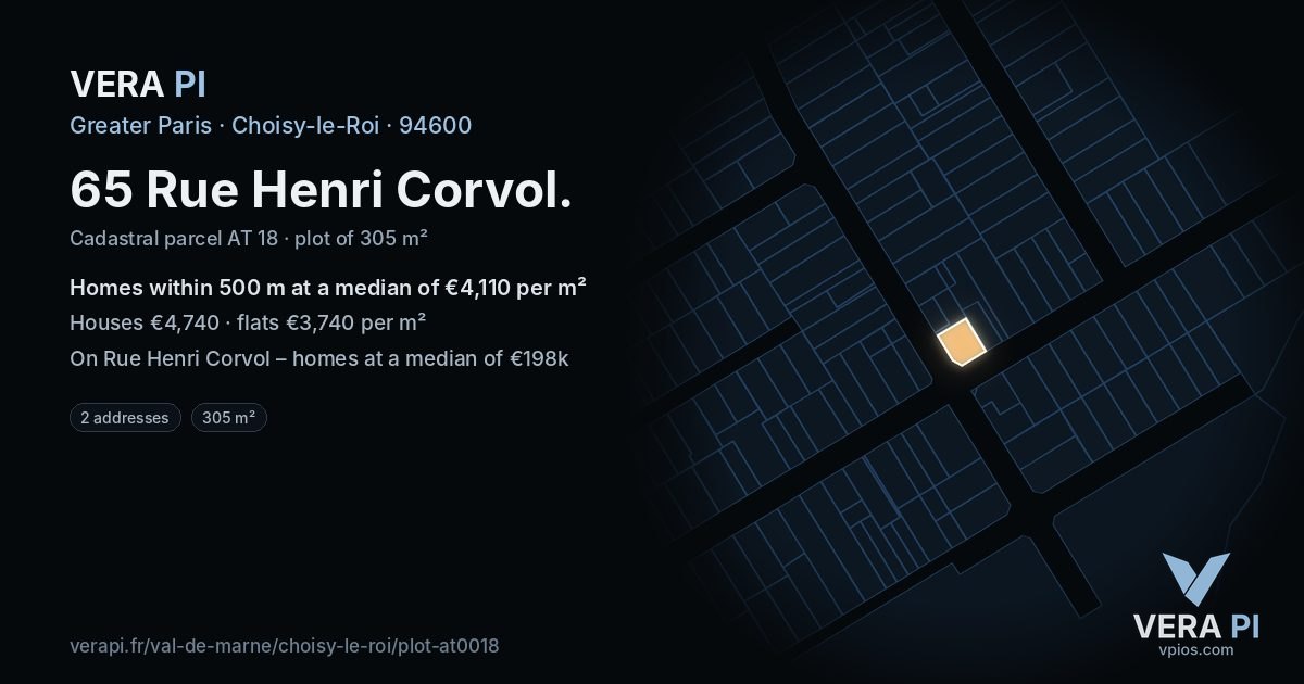 65 Rue Henri Corvol, Choisy-le-Roi at night – the plot lit, the parcels around coloured by the prices near them