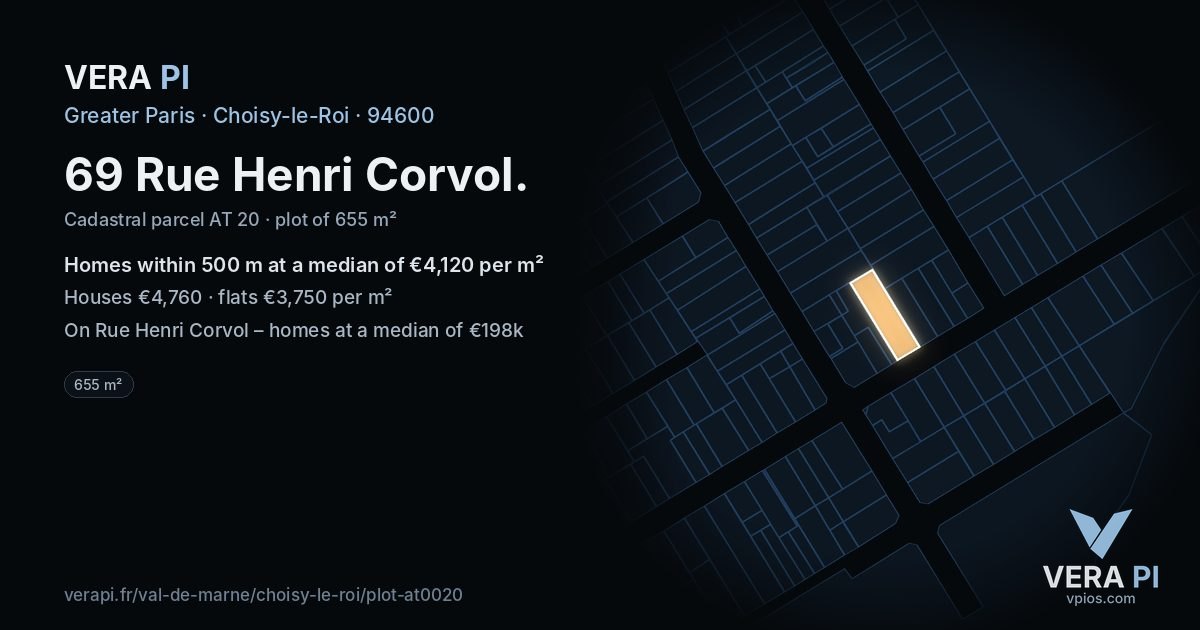 69 Rue Henri Corvol, Choisy-le-Roi at night – the plot lit, the parcels around coloured by the prices near them